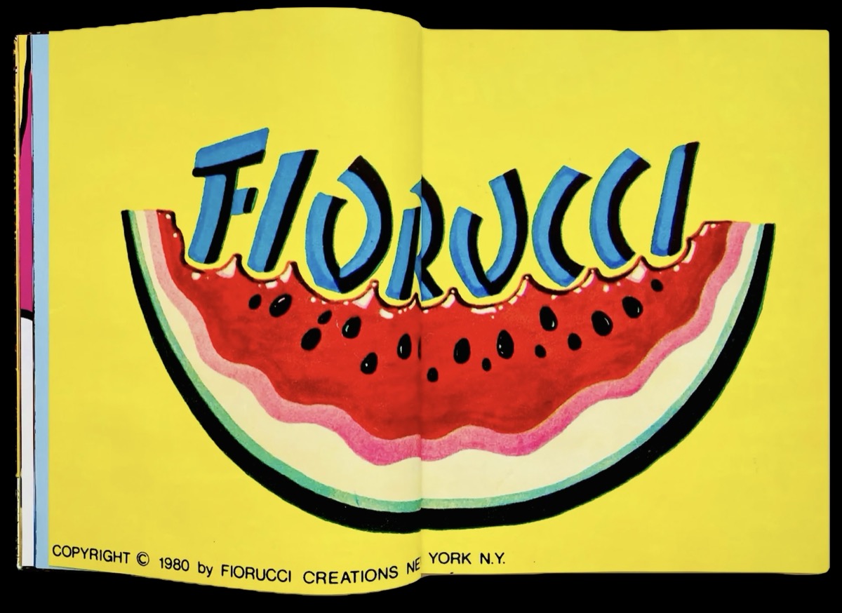 Interior spread from Fiorucci, the Book &mdash; the watermelon Fiorucci logo